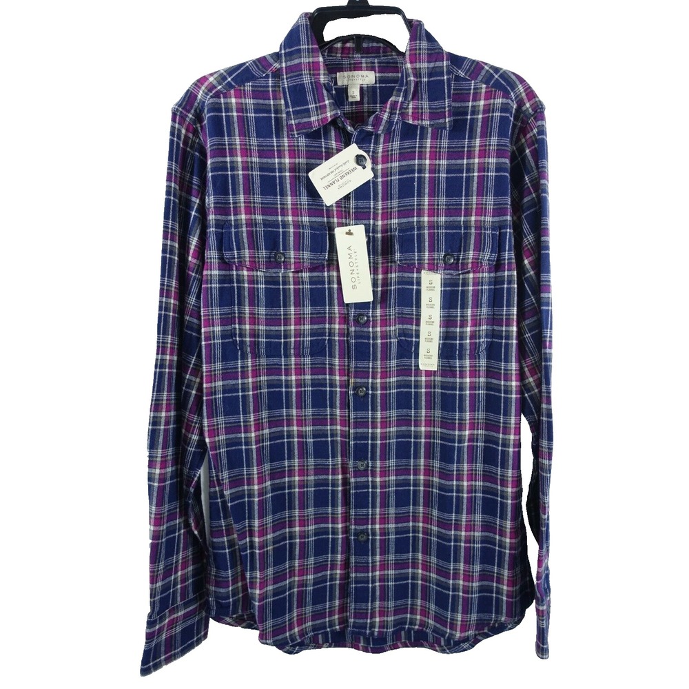 Sonoma Flannel Shirt Men Small Button Down Flap Chest Pockets Western Plaid